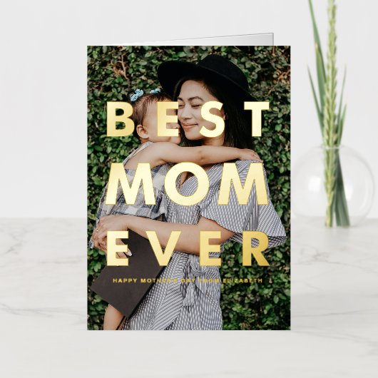 母最高の母の日に重ねて写真 箔グリーティングカード (正面)