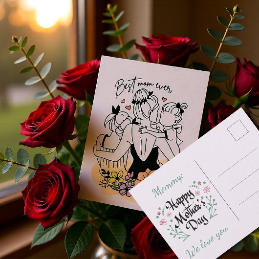 母最高の母、子供/花はがき ポストカード