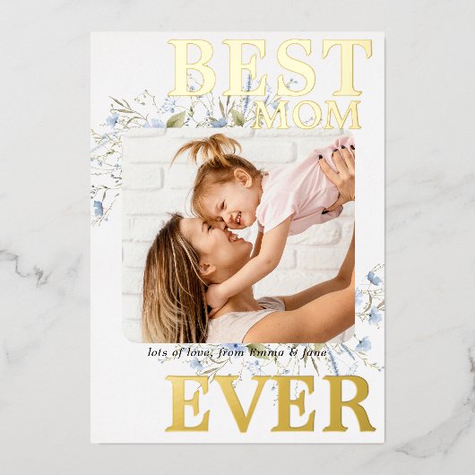 母最高の生青い野生のフローラ写真マザーズ・デイ 箔招待状 (正面)