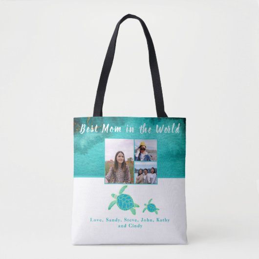 母最高の3フォトターコイズティール(緑がかった色)ウミガメTot トートバッグ (正面)