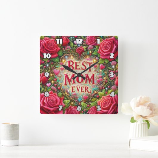 母最高の:バラ、ハート、ゴールデン・グロー スクエア壁時計 (ホーム)