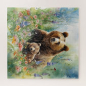母熊と子熊の花畑の絵 ジグソーパズル (横)