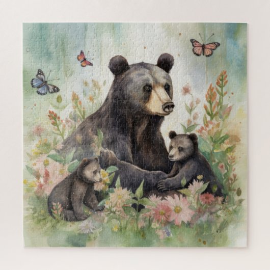 母熊 子熊 蝶 花 絵画 ジグソーパズル (縦)