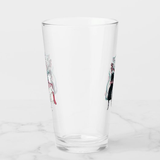 母猫が3匹の子猫の弓で座って微笑む タンブラーグラス (右)