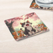 母猫と子猫のさくらんぼが可愛い スクエアペーパーコースター (アングル)