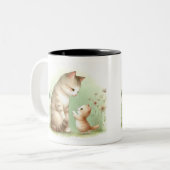 母猫と子猫：ほのぼのとしたマグカップ ツートーンマグカップ (正面左)