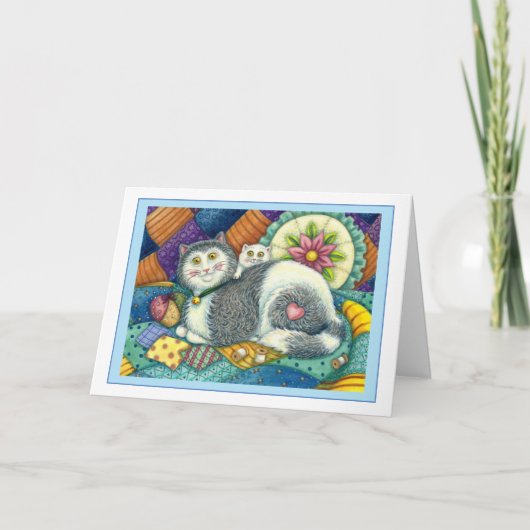 母猫と子猫、パッチワークキルト、ピンクッション シーズンカード (正面)