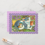 母猫と子猫、花、弓&レース平ら カード (正面/裏面インサイチュ)