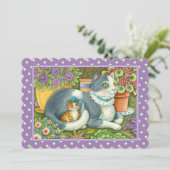 母猫と子猫、花、弓&レース平ら カード (スタンド正面)