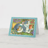 母猫と子猫、鉢植え花、弓&レース シーズンカード (正面)