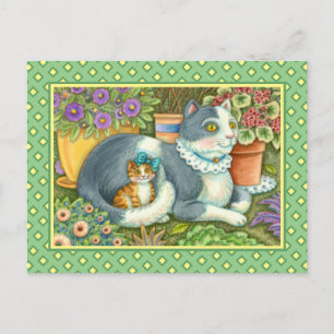 母猫と子猫、鉢植え花、弓&レース ポストカード