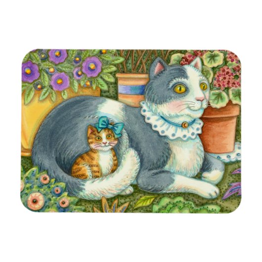 母猫と子猫、鉢植え花、弓&レース マグネット (横)