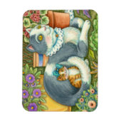 母猫と子猫、鉢植え花、弓&レース マグネット (縦)