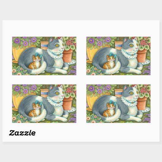 母猫と子猫、鉢植え花、弓&レース 長方形シール (シート)