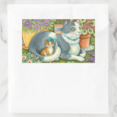 母猫と子猫、鉢植え花、弓&レース 長方形シール (バッグ)