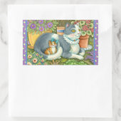 母猫と子猫、鉢植え花、弓&レース 長方形シール (バッグ)