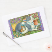 母猫と子猫、鉢植え花、弓&レース 長方形シール (封筒)