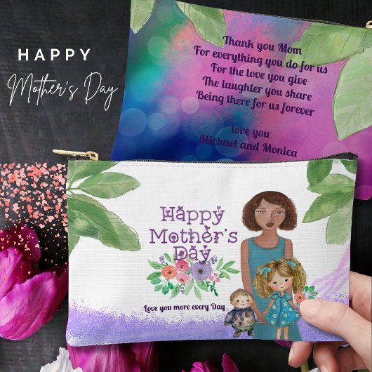 母絵を描母と子供のフローライラストレーション アクセサリーポーチ