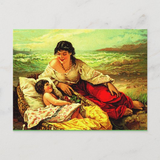 母親と子供の海辺の思い出をポスト! ポストカード (正面)