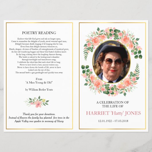 母親の葬儀の折り畳みプログラム、ピンクローズ&金ゴールド チラシ (正面)