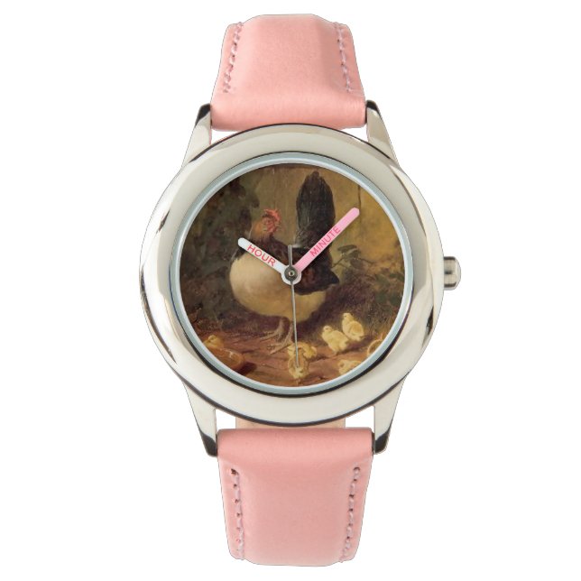 母誇りを持った雌鶏と雛(ベビー鶏) 腕時計 (正面)