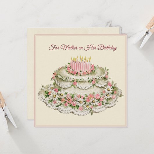 母誕生日カードヴィンテージフラワーケーキと詩 カード (正面/裏面インサイチュ)