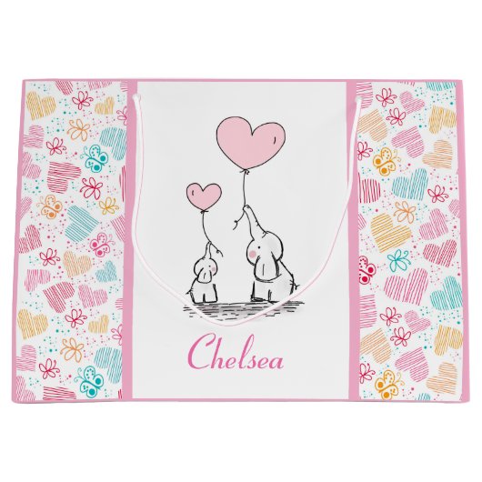 母象とベビー象とカラフルハート ラージペーパーバッグ (正面)