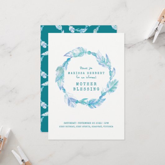 母賛美の羽とビーズティール(緑がかった色)アクアアート 招待状 (正面/裏面インサイチュ)