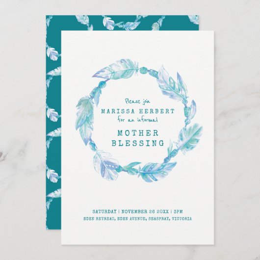 母賛美の羽とビーズティール(緑がかった色)アクアアート 招待状 (正面/裏面)