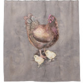 母雌鶏およびひよこの水彩画 シャワーカーテン (正面)