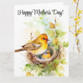 母食べ物を与え鳥のベビー母の日 カード (黄色い花)
