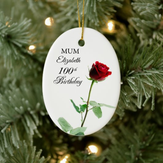 母100誕生日赤バラパーソナライズされた花 セラミックオーナメント (ツリー)