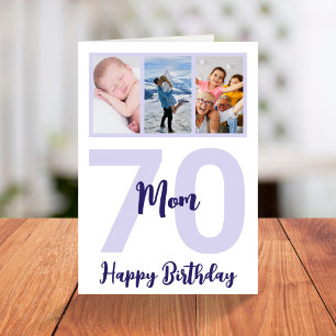 母70誕生日紫のスクリプトフォトコラージュ カード