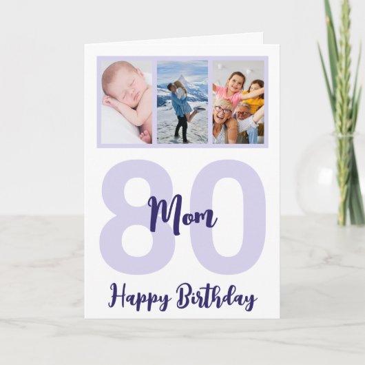 母80誕生日紫のスクリプトフォトコラージュ カード (正面)