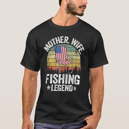 母 妻 釣りの伝説 フィッシャーウーマン アメリカ国旗 Tシャツ (正面)
