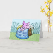 母、母の日、かごの中にかわいい豚 カード (黄色い花)