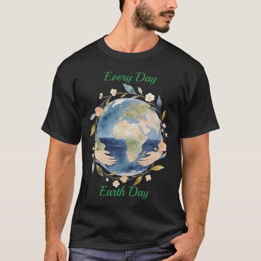 毎日が地球の日 手とともに描かれたフローラルグローブ Tシャツ (正面)