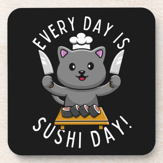 毎日が寿司の日 可愛い猫シェフの面白いデザイン コースター (正面)