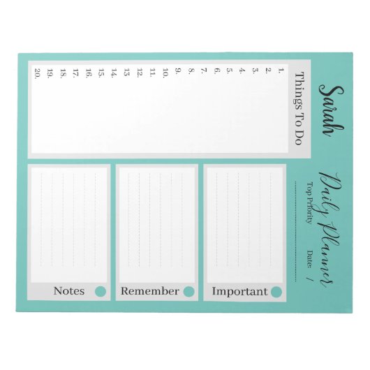 毎日のプランナーリマインダーを一覧表示するティール(緑がかった色) ノートパッド (正面)