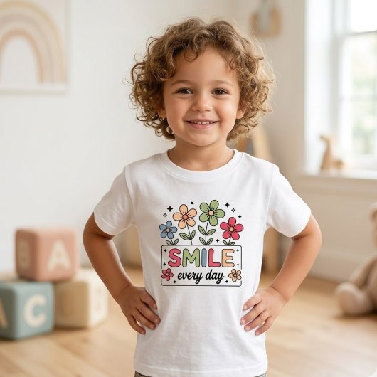 毎日笑って レトロな色あいの花の模様のキッズ服 ベビーTシャツ