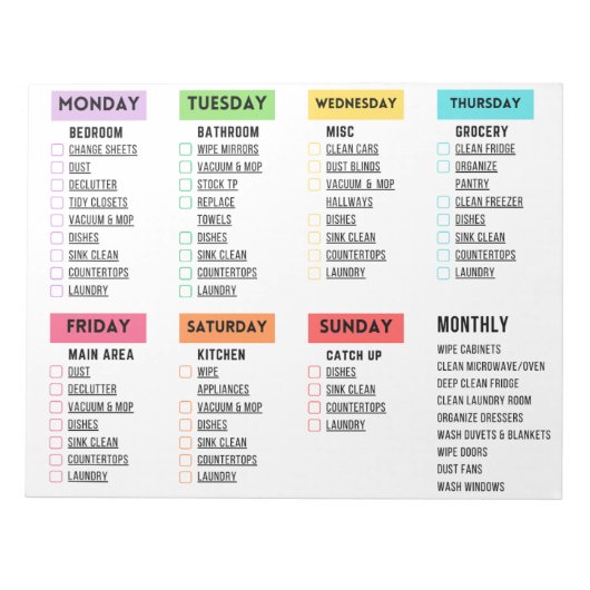 毎日/毎週のクリーニングのチェックリスト ノートパッド (正面)