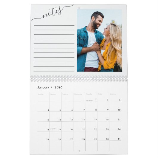 毎月の写真と並んだノートのパネル冬の葉 カレンダー (1月 2026)