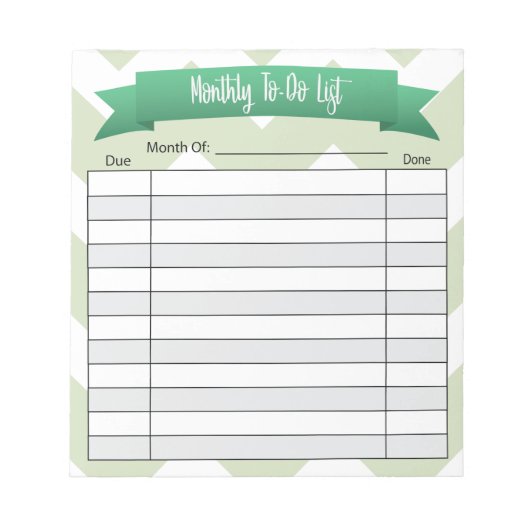毎月のTo Doリスト – 緑 ノートパッド (正面)