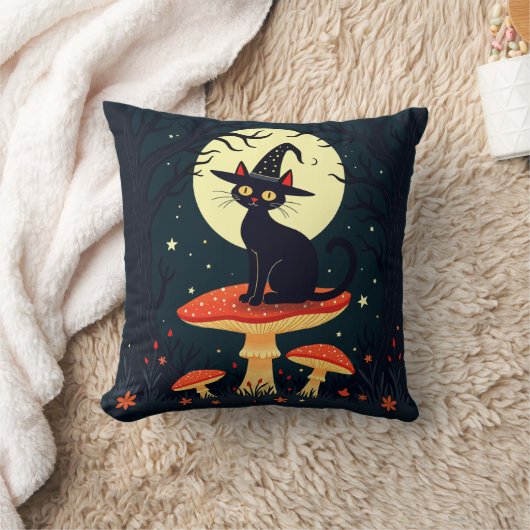 毒々しいキノコに佇む黒猫 クッション (ブランケット)