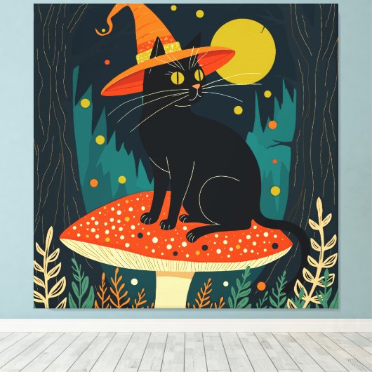 毒々しい黒猫のきのこ帽子 キャンバスプリント (インサイチュ (ウッドフロア))