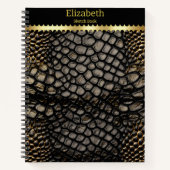 毒エレガントヘビの黒と金ゴールドの皮 ノートブック (正面)