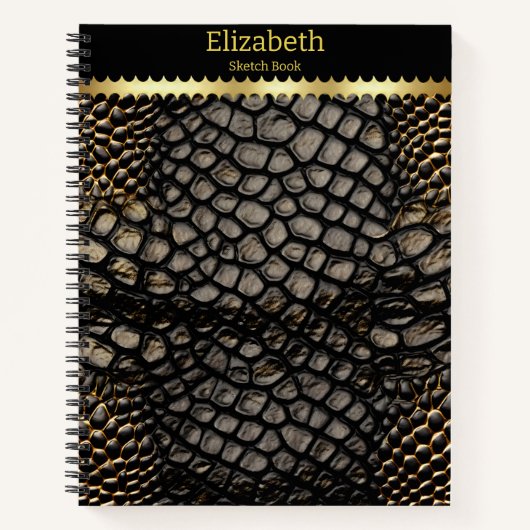 毒エレガントヘビの黒と金ゴールドの皮 ノートブック (正面)