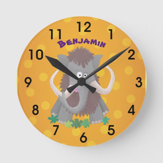 毛おもしろいのマンモス漫画イラストレーション ラウンド壁時計 (正面)