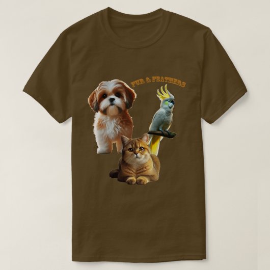 毛と羽の愛犬、猫、鳥のURM Tシャツ (デザイン正面)