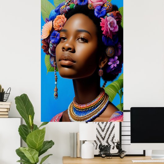 毛に花をつける部族アフリカの女性 ポスター (ホームオフィス)
